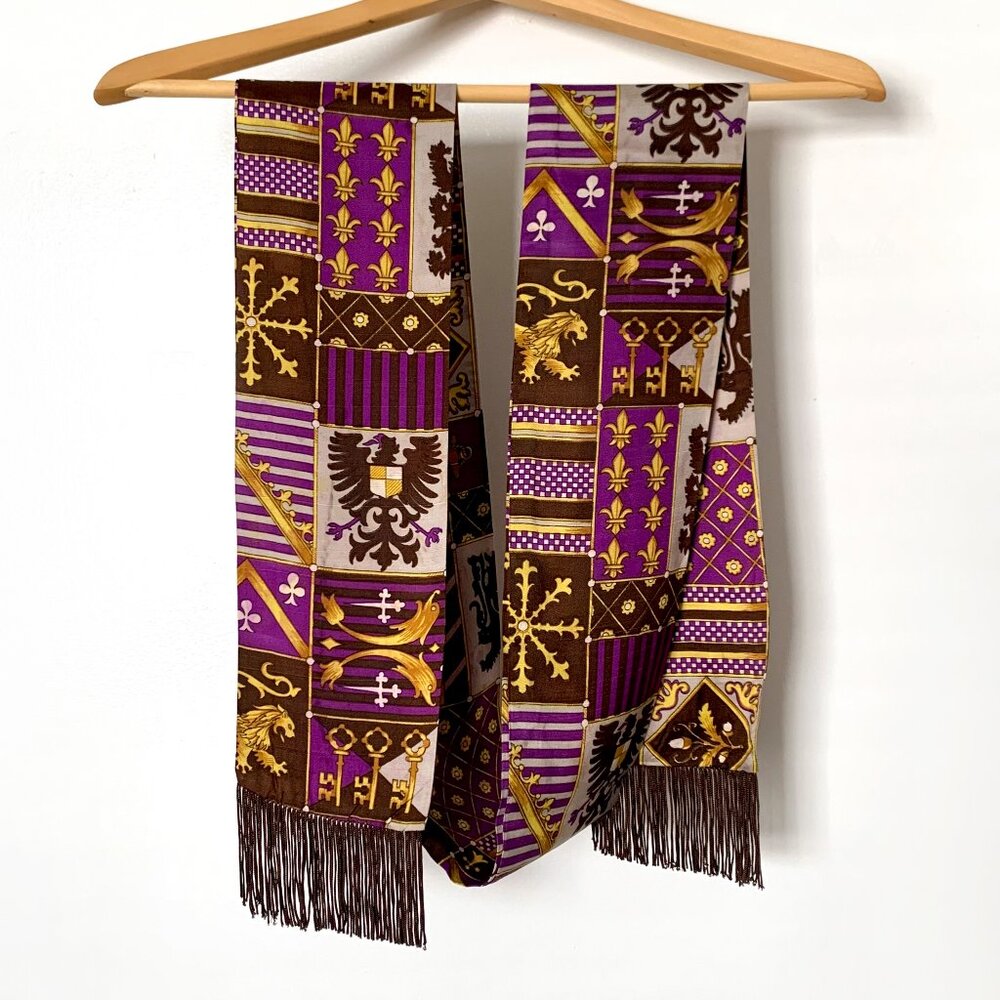Vintage Long Regal Print Fringe Scarf Purple Brown Grey Yellow Boho Old Money
